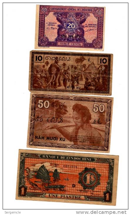 Série De 4 Billets Gouvernement General D'Indochine  10,20 Et 50 Cents  ET 1 Piastre Banque De L'Indochine - Indochine