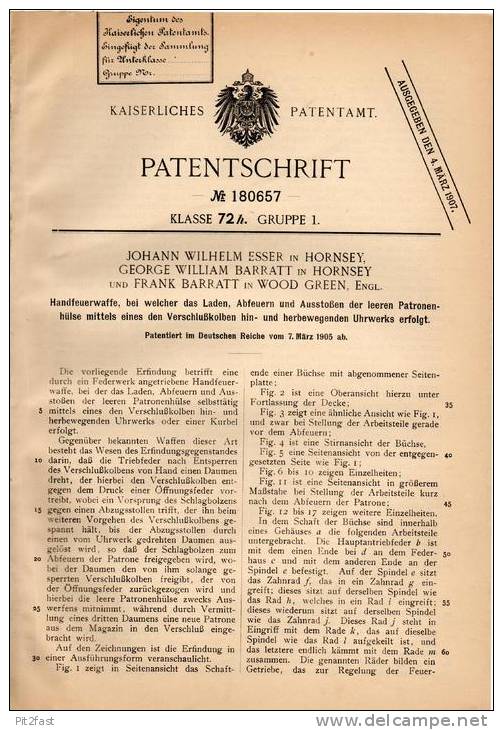 Original Patentschrift - J. Esser Und F. Barratt In Hornsey Und Wood Green ,1905, Feuerwaffe , Pistol , Gewehr , Pistole - Equipment