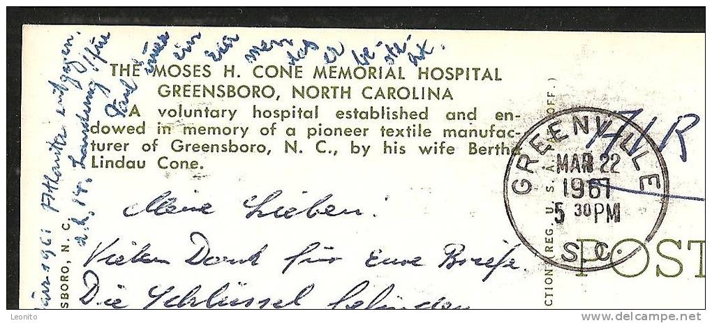 GREENSBORO North Carolina USA Moses H. Cone Memorial Hospital 1961 - Greensboro