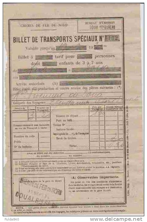 Ticket De Train.  BILLET DE TRANSPORT SPECIAUX - ARAS à DOUAI.  19-9-1934 - Europe