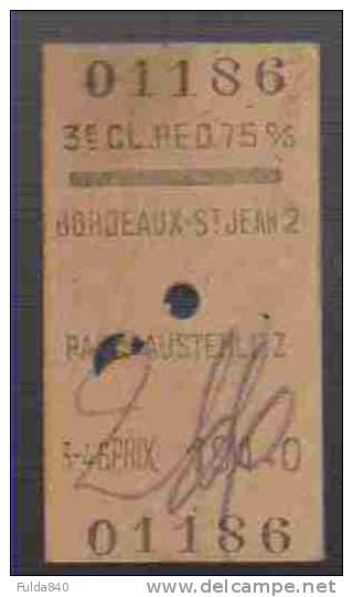 Ticket De Train:  BORDEAUX ST-JEAN à PARIS AUSTERLITZ.  29/7-1947 - Europe