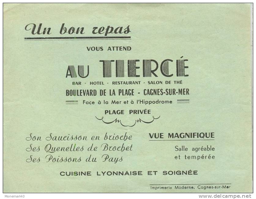 Au TIERCE (Bar Hôtel Restaurant Salon De Thé) - CAGNES-SUR-MER - 1950 - ...