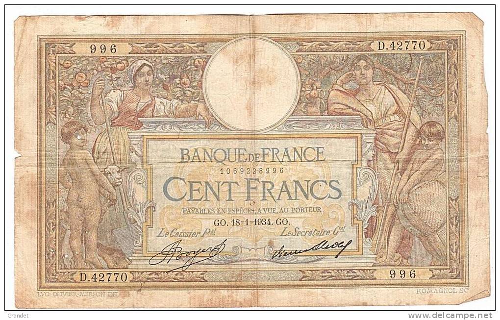 BILLET 100 FRANCS - LUC OLIVIER MERSON. - 1934. - 100 F 1908-1939 ''Luc Olivier Merson''