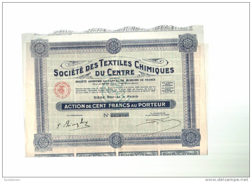 Société  Des  TEXTILES  CHIMIQUES  Du  CENTRE -  Action Entière - Textiel