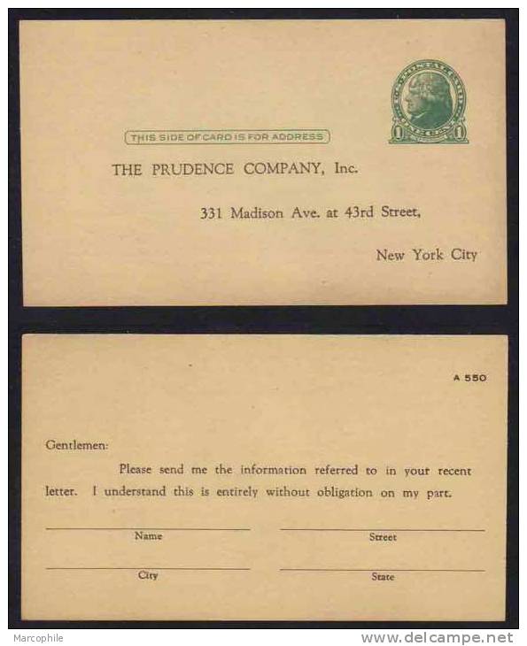 USA - ASSURANCES / 1910 - 1930 ENTIER POSTAL REPIQUE  (ref E227) - 1921-40