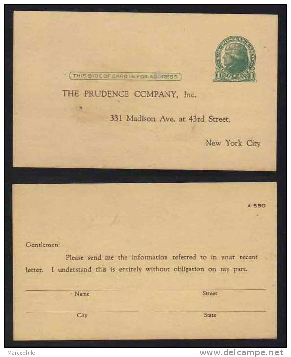 USA - ASSURANCES / 1910 - 1930 ENTIER POSTAL REPIQUE  (ref E232) - 1921-40