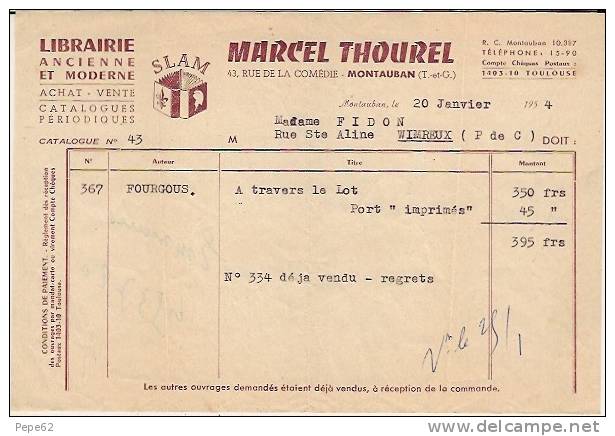 Montauban-librairie - Marcel Thourel-43 Rue De La Comédie-facture - Imprimerie & Papeterie