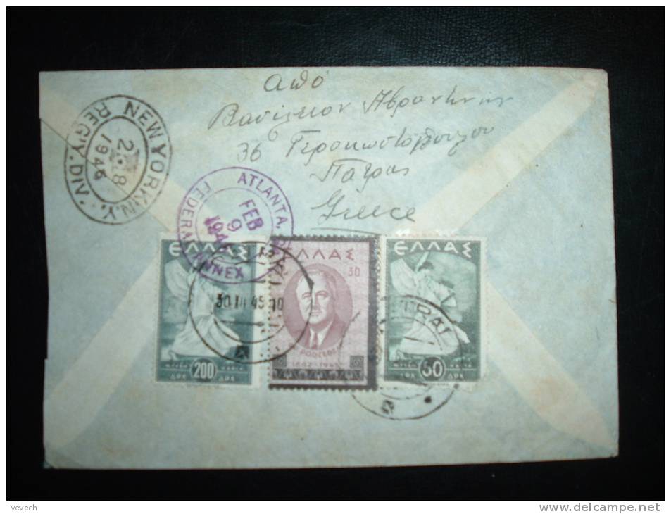 LR POUR USA TP 30 + 50 + 200 OBL. 30-1-45 PATRAI? + GRIFFES GRECE R + PAR AVION JUSQU'A.. (RARE) - Lettres & Documents