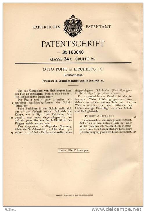 Original Patentschrift - Otto Poppe In Kirchberg I.S., 1906 , Schuhanzieher , Schuhe , Schuster !!! - Schoenen