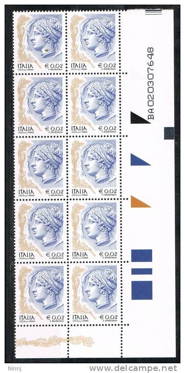 Italia 2002  &euro;. 0,02 - La Donna Nell´Arte  10  Valori Nuovi** Integri Angolo Di Foglio Con Appendice Alfanumerico - Blocks & Sheetlets