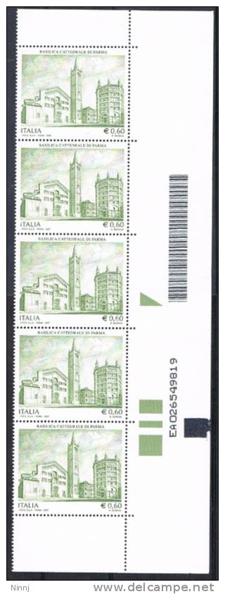 Italia 2007- 5 Valori X &euro;. 0,60 - Basilica Cattedrale Di Parma Nuovi**integri Bordo Di Foglio Con Appendice Alfanum - Blocks & Kleinbögen