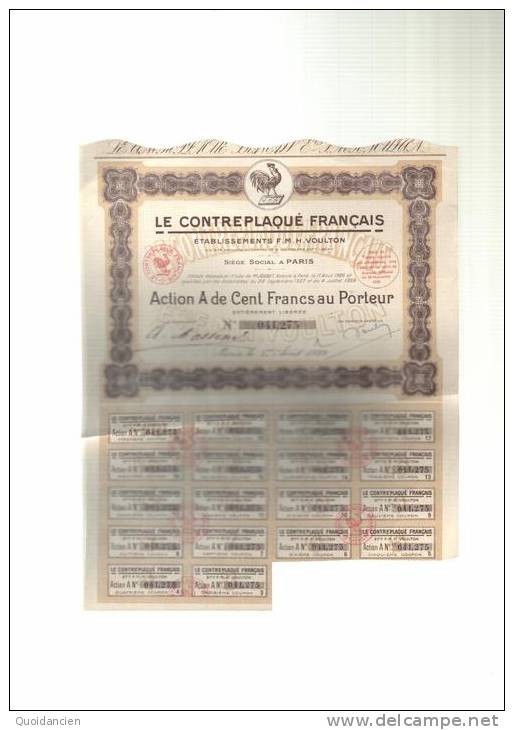 Le  CONTREPLAQUE  FRANCAIS  -  Etablissement  F.M.H. VOULTON  -  PARIS  01/08/1929  -  Il  Manque  2  Coupons - Industrie