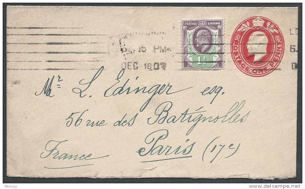 GRANDE-BRETAGNE - Bel Entier Pour La France Avec Un Complément D'affranchissement Du 16 Décembre 1907 - Used Stamps