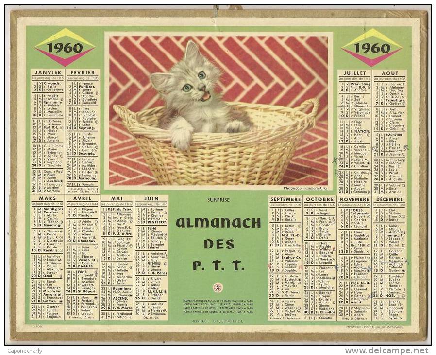 Grand format : 1941-60 - 1960 CHAT CALENDRIER POSTE ALMANACH DES