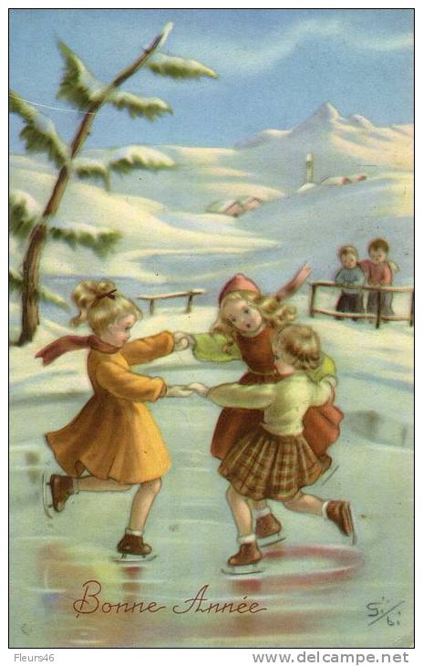 Illustrée : Petites Filles Patinant . Neige - Scenes & Landscapes