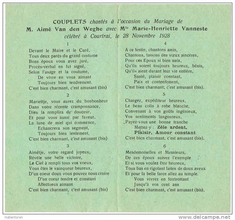 Kortrijk: ´COUPLETS Chantés à L´occasion Du Mariage De ... - Documents Historiques