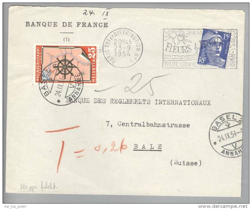 Schweiz Nachporto 1954-09-23 Paris Taxierter Brief Nach Basel Mit 25R. Freimarke Als Nachporto - Postage Due