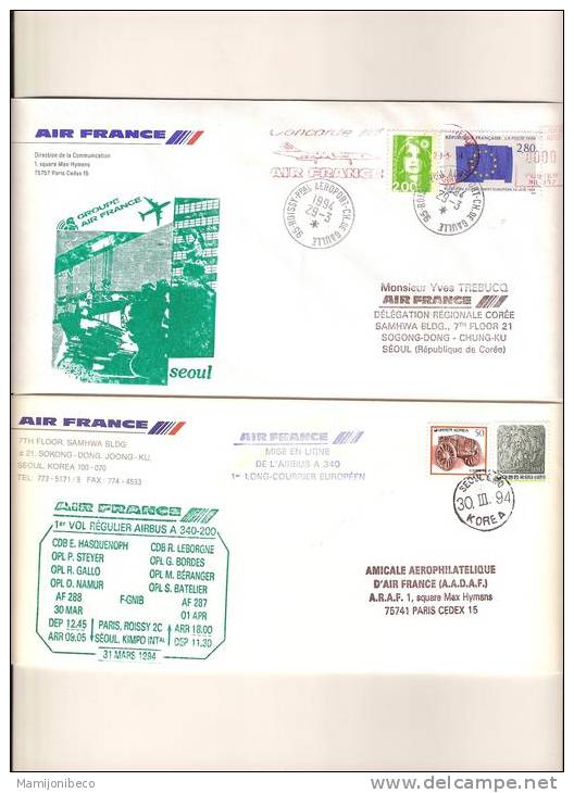 A 340 Deux Pliis RARES 1° Vol PARIS SEOUL Et Retour 29/03/1994 - Primi Voli