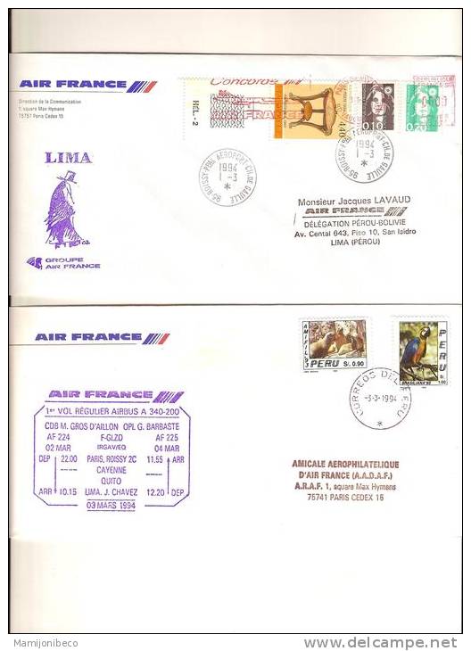 A 340 Deux Pliis   1° Vol PARIS LIMA Et Retour 01/03/1994 - First Flight Covers