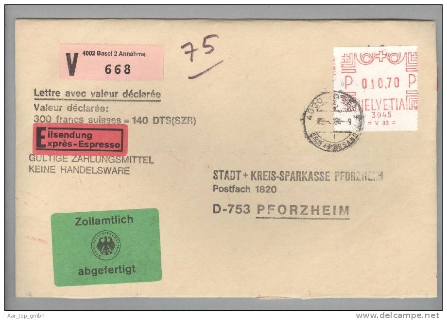 Schweiz Fra.Ma. 1984-02-28 Basel Firmenfreistempel Fr.10,70 Auf Express-Valoren-Brief Nach Pforzheim 75gr. Zollamtlich A - Affranchissements Mécaniques