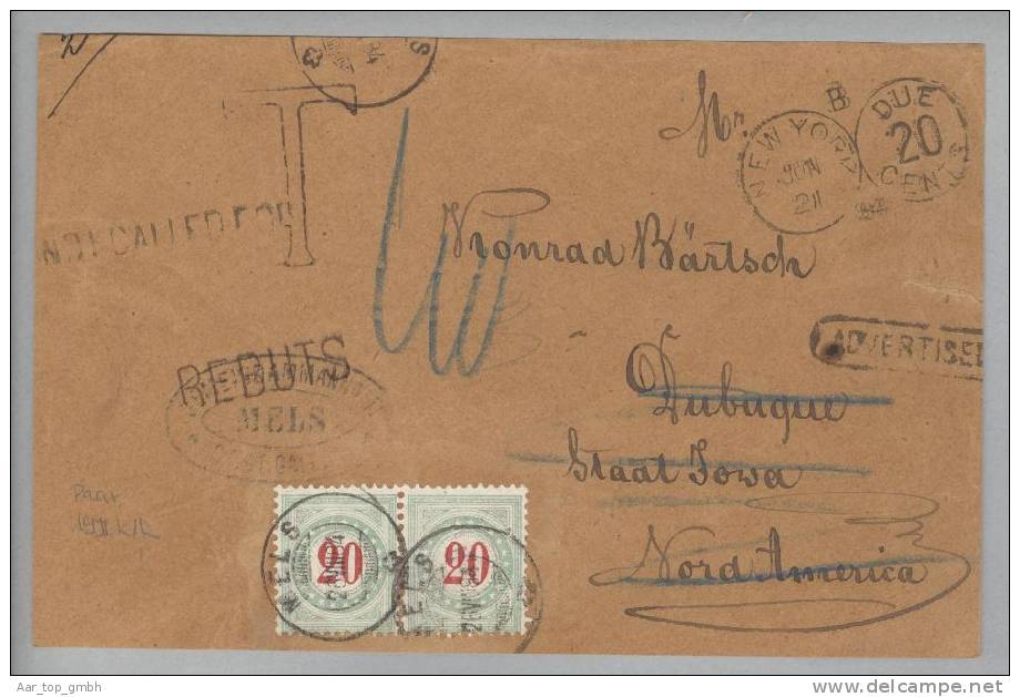 Heimat SG Mels 1884-08-26 Briefvorderseite USA Taxiert 40Rp. Mit Paar Zu#18IIK/K - Strafportzegels