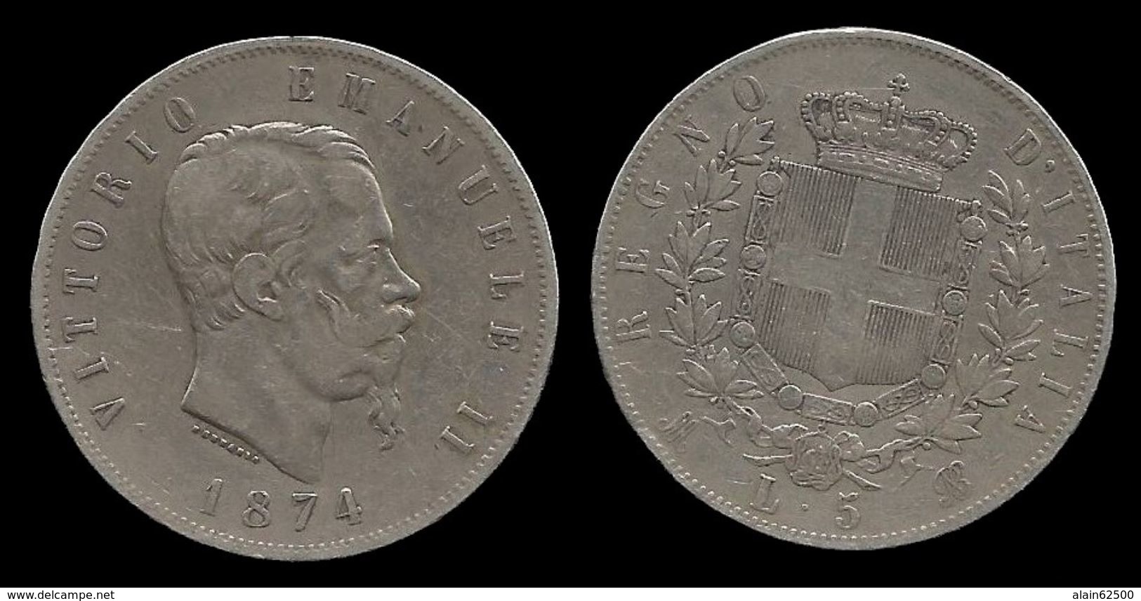 ITALIE . 5 LIRES VICTOR EMMANUEL II . 1874 . - 1861-1878 : Victor Emmanuel II