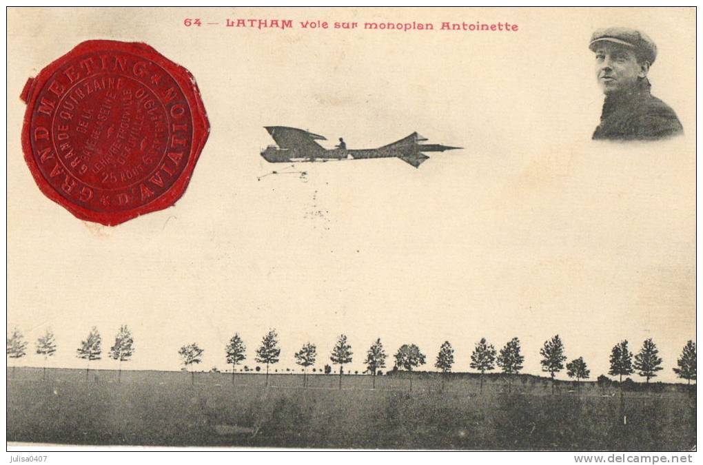 BAIE DE SEINE AVIATION 1910 Aviateur Latham En Vol Vignette Rouge - Fliegertreffen