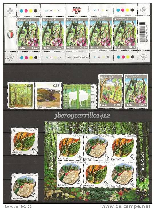 EUROPA 2011- “LOS BOSQUES" - COLECCIÓN MUY COMPLETA DE SELLOS y HOJITAS BLOQUE.-TEMÁTICA EMITIDA POR 63 PAÍSES