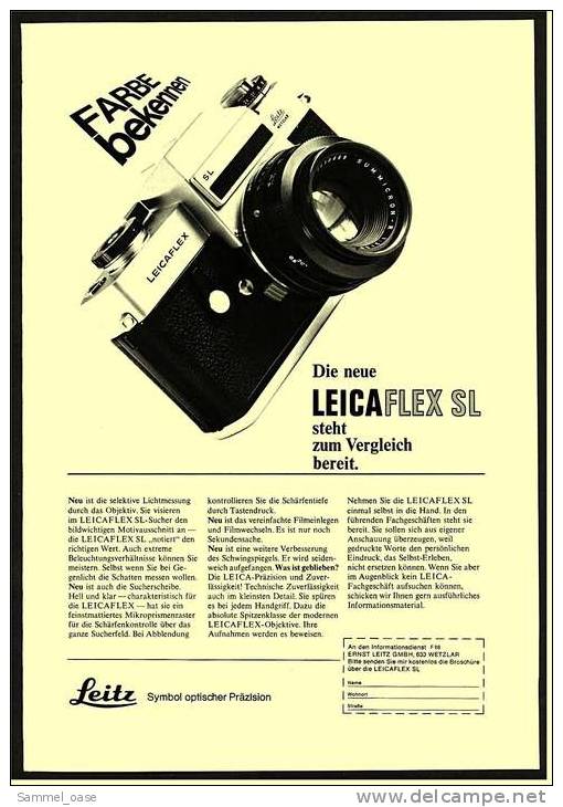Reklame Werbeanzeige 1968 ,  Leitz Kamera  LEICAFLEX SL  -  Steht Zum Vergleich Bereit - Sonstige & Ohne Zuordnung