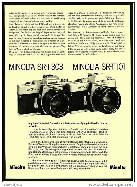 Reklame Werbeanzeige 1974 ,   Minolta Kamera SR-T 303 + Minolta SR-T 101 - Sonstige & Ohne Zuordnung