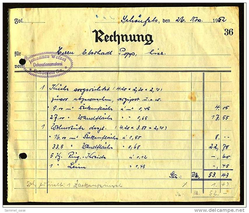 1952 Rechnung Schönfels / Sa. Bei Zwickau - Von Johannes Wetzel Dekorationsmalerei - 1950 - ...