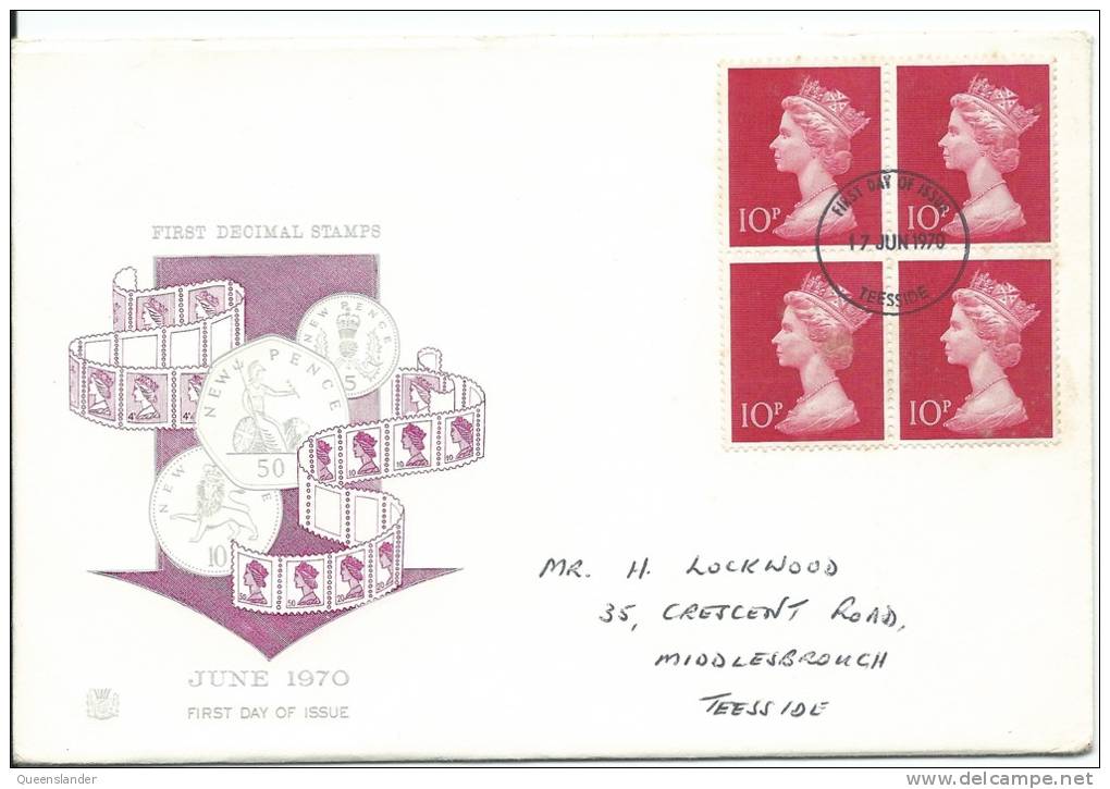 June 1970 Block Of 4 X 10p Stamps Neatly Addressed FDI  17 Jun 1970 Teesside  Great Block Of 4 - 1952-71 Ediciones Pre-Decimales