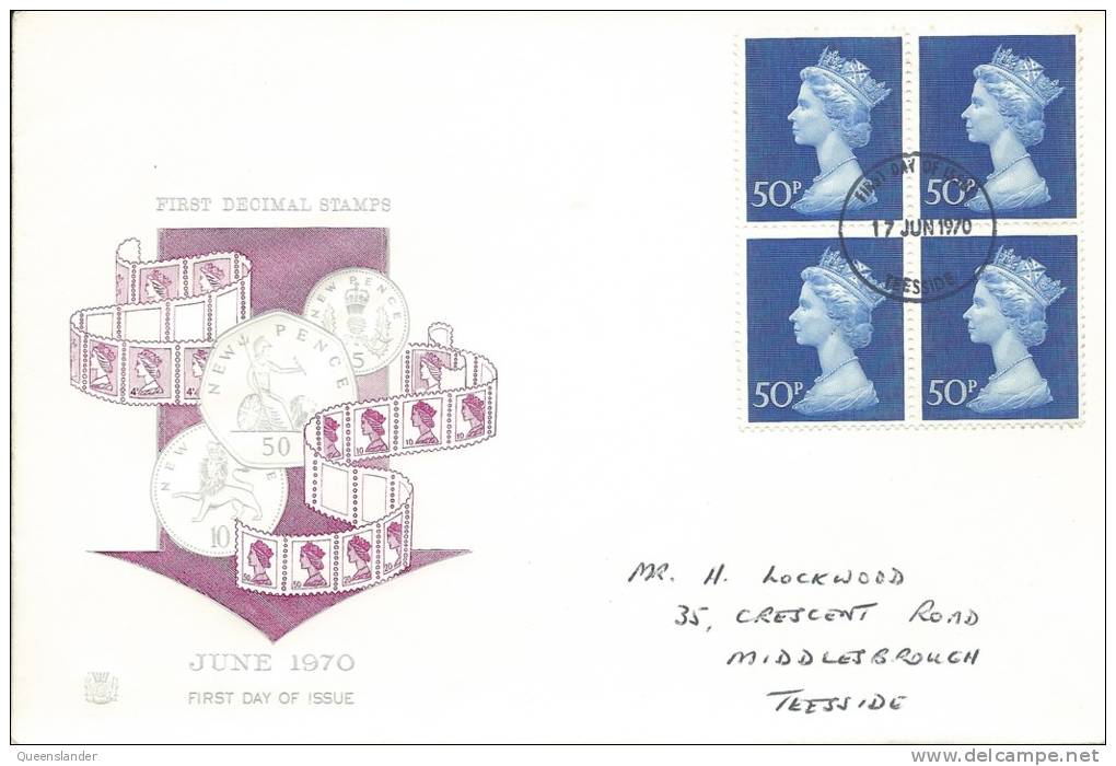 June 1970 Block Of 4 X 50p Stamps Neatly Addressed  FDI  17 Jun 1970 Teesside  Great Block Of 4 - 1952-71 Ediciones Pre-Decimales