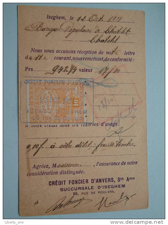 Crédit FONCIER D'Anvers Sté Ame - Succursale D'ISEGHEM Anno 12 Oct 1921 ( Zie Foto Voor Details ) !! - Banques