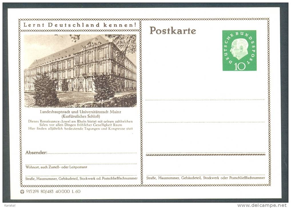 Germany Postkarte Lernt Deutschland Kennen! Mainz Kurtfürsliches Schloss MNH XX - Geïllustreerde Postkaarten - Ongebruikt