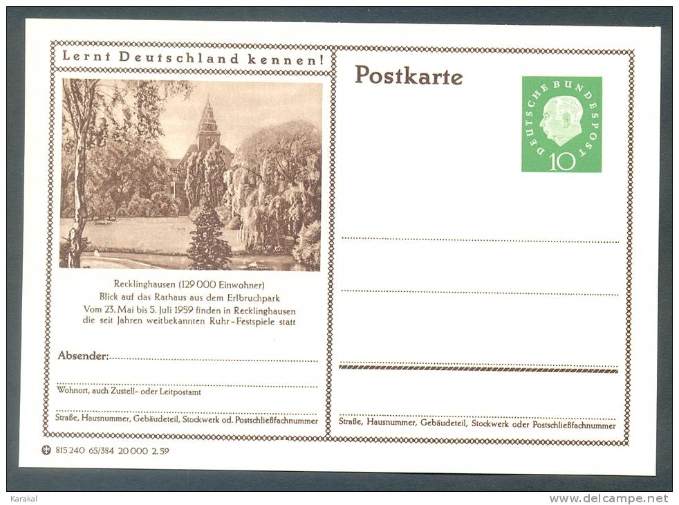 Germany Postkarte Lernt Deutschland Kennen! Recklinghausen Rathaus Erlbruchpark MNH XX - Illustrated Postcards - Mint