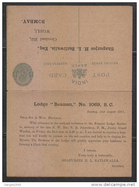India 1917  Lodge  "Beaman"  Funeral Service Meeting Notice  KGV 1/4A Postcard Pair Unused   # 44113  Inde Indien - Massoneria