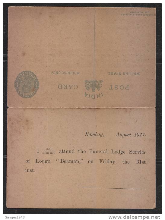 India 1917  Lodge  "Beaman"  Funeral Service Meeting Notice  KGV 1/4A Postcard Pair Unused   # 44113  Inde Indien - Freimaurerei