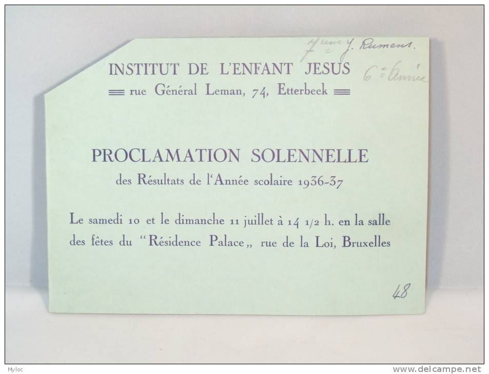 Institut De L'Enfant Jesus. Proclamation Solennelle Année 1936-1937.  Programme + Dépliant De Cours. - Diploma & School Reports