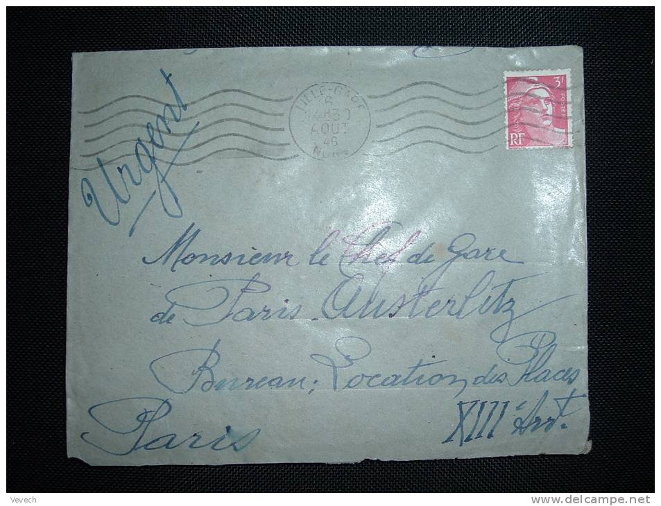 LETTRE TP MARIANNE DE GANDON 3 F OBL. MECA. 6 AOUT 46 LILLE GARE (59 NORD) + VIGNETTE SNCF TRAINS CHEMINS DE FER - Lettres & Documents