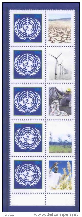 UN New York 2009 98c Michel 1161 C Perf. 11. UN Symbols Verical Strip Of 5, Summit Climate Change, MNH** - Blocs-feuillets