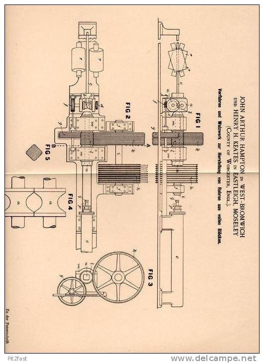 Original Patentschrift - J. Hampton In West Bromwich Und Eastleigh , Moseley , 1899 , Walzwerk Für Rohre !!! - Tools