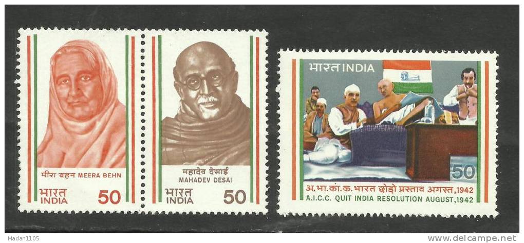 INDIA, 1983, India's Struggle For Freedom, Quit India Resolution , Meera Behn, Mahadev Desai, Full Set, 3 V,  MNH, (**) - Mahatma Gandhi