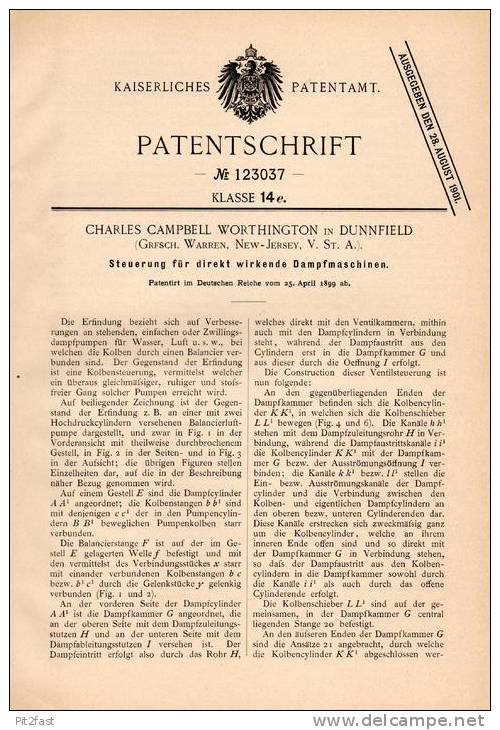 Original Patentschrift - C. Worthington In Dunnfield , New Jersey , 1899 , Steuerung Für Dampfmaschine !!! - Machines