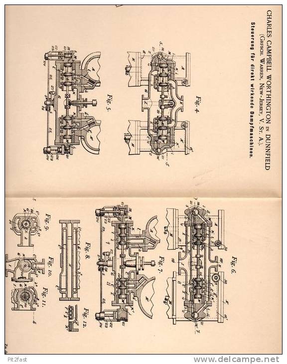 Original Patentschrift - C. Worthington In Dunnfield , New Jersey , 1899 , Steuerung Für Dampfmaschine !!! - Machines