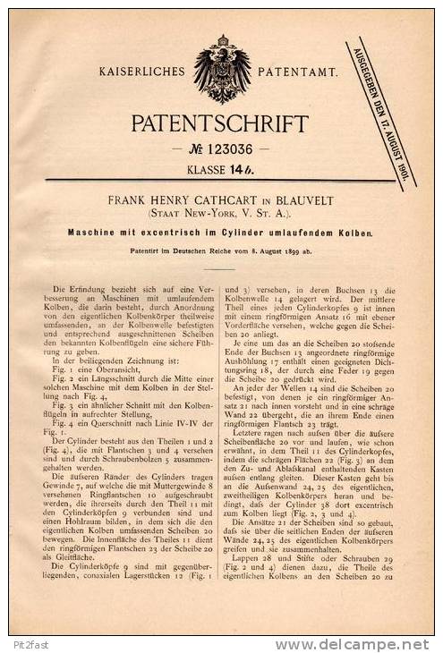 Original Patentschrift - F. Cathcart In Blauvelt , New York , 1899 , Maschine Mit Excentrisch Umlaufendem Kolben !!! - Tools