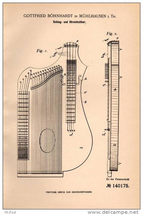 Original Patentschrift - G. Böhnhardt In Mühlhausen I. Th., 1902 , Schlag- Und Streichzither , Zither !!! - Instrumentos De Música