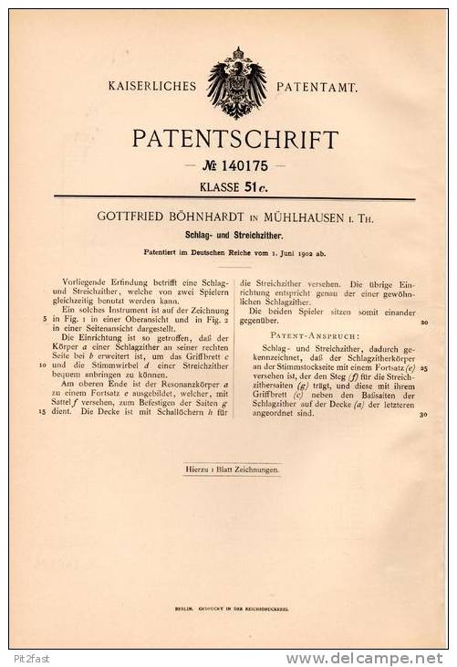 Original Patentschrift - G. Böhnhardt In Mühlhausen I. Th., 1902 , Schlag- Und Streichzither , Zither !!! - Muziekinstrumenten