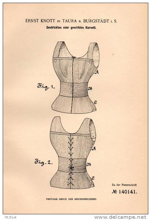 Original Patentschrift - Ernst Knott In Taura B. Burgstädt I.S., 1902 , Gestricktes Korsett !!! - 1900-1940