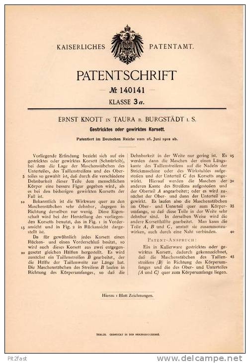 Original Patentschrift - Ernst Knott In Taura B. Burgstädt I.S., 1902 , Gestricktes Korsett !!! - 1900-1940